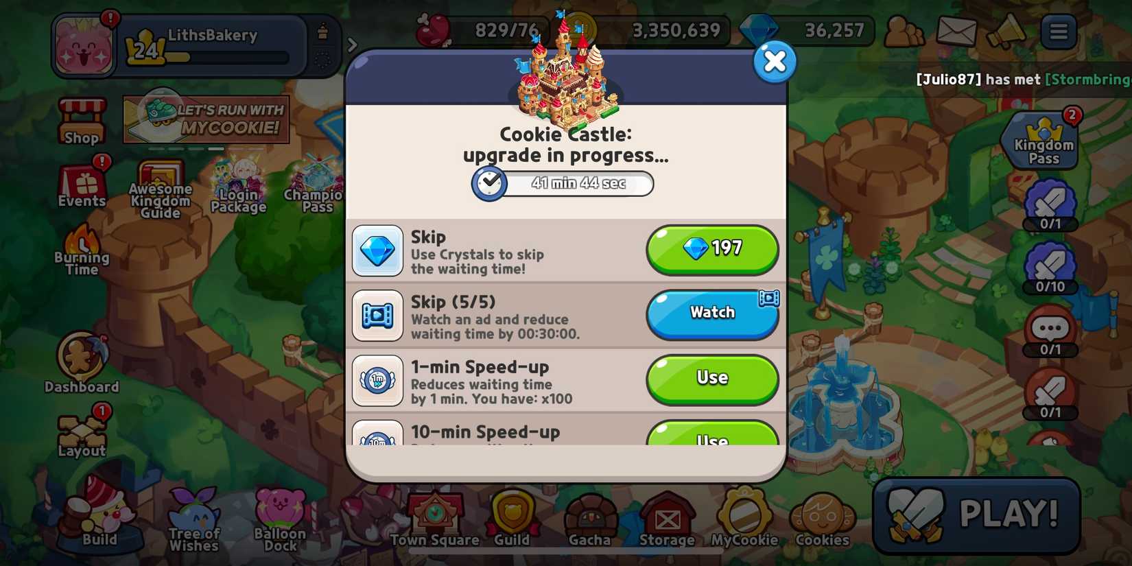 Options to speed up production of the Cookie Castle in Cookie Run Kingdom