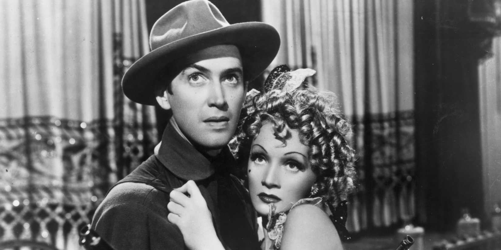 James Stewart looking up in Destry Rides Again