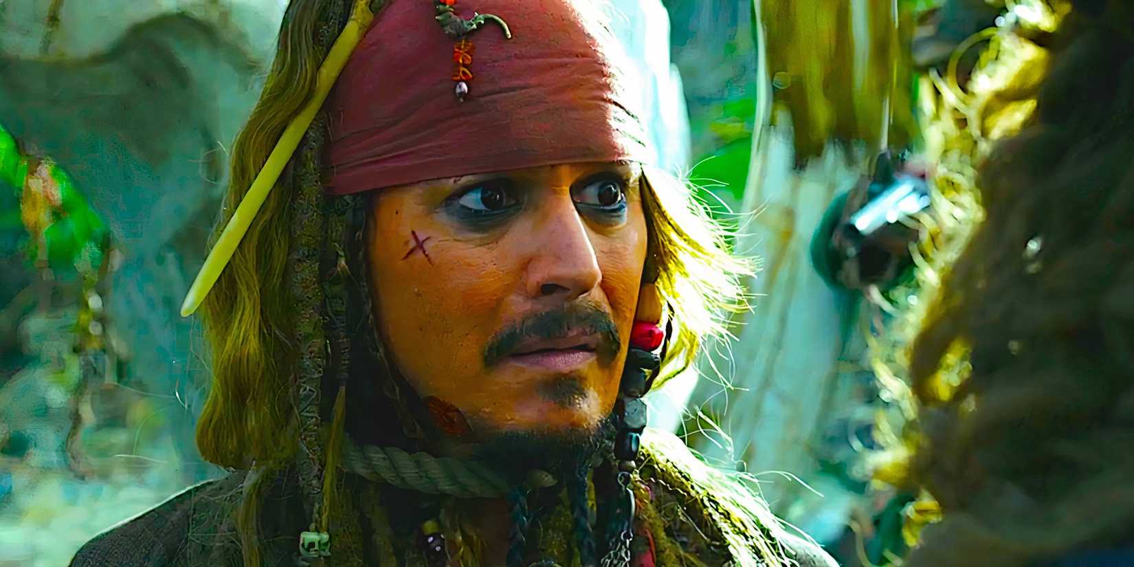 Jack Sparrow's (Johnny Depp) eyes wide with fear in a scene from Pirates of the Caribbean 5