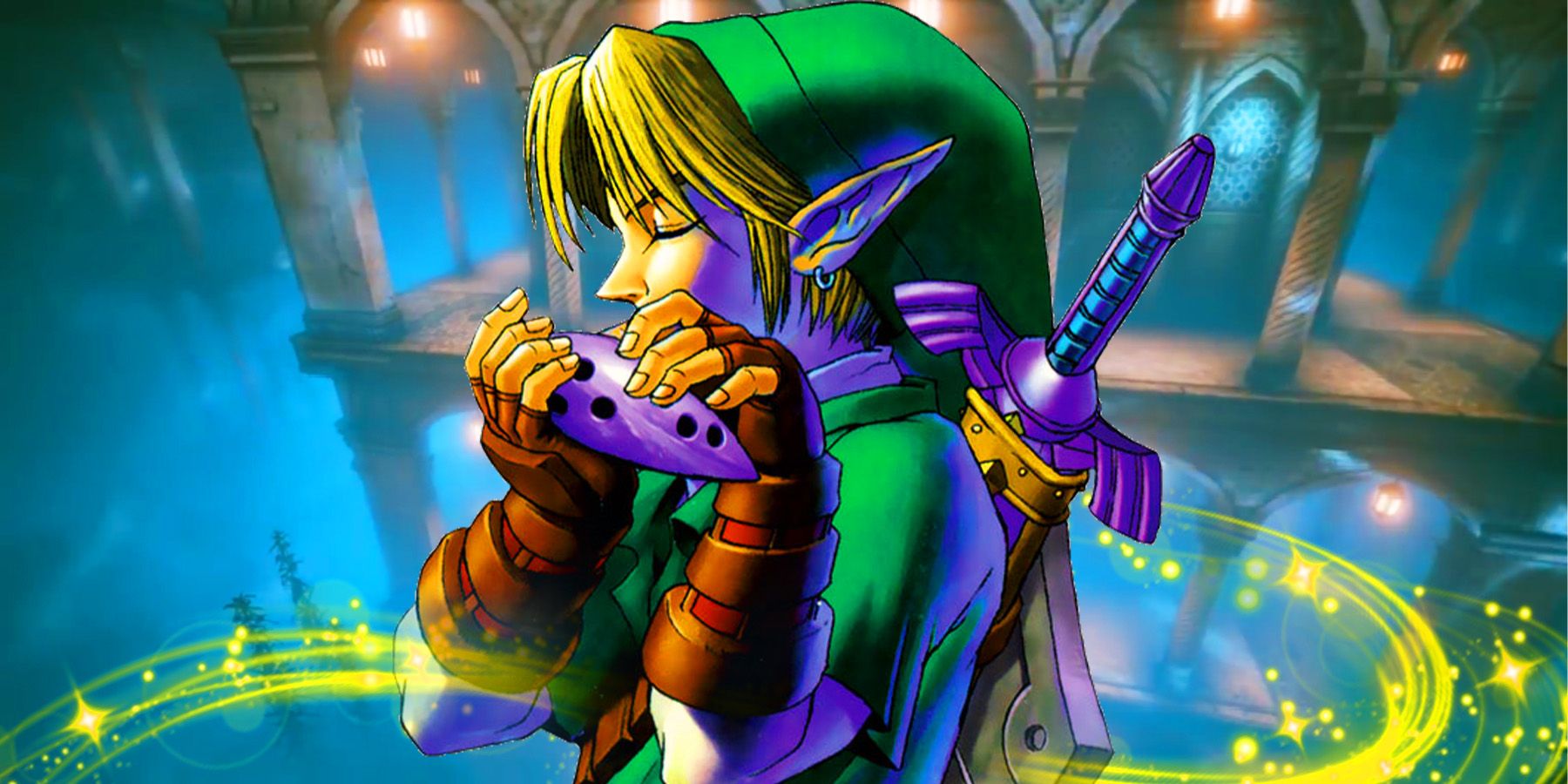 Link in profile playing the Ocarina of Time in front of the Water Temple.