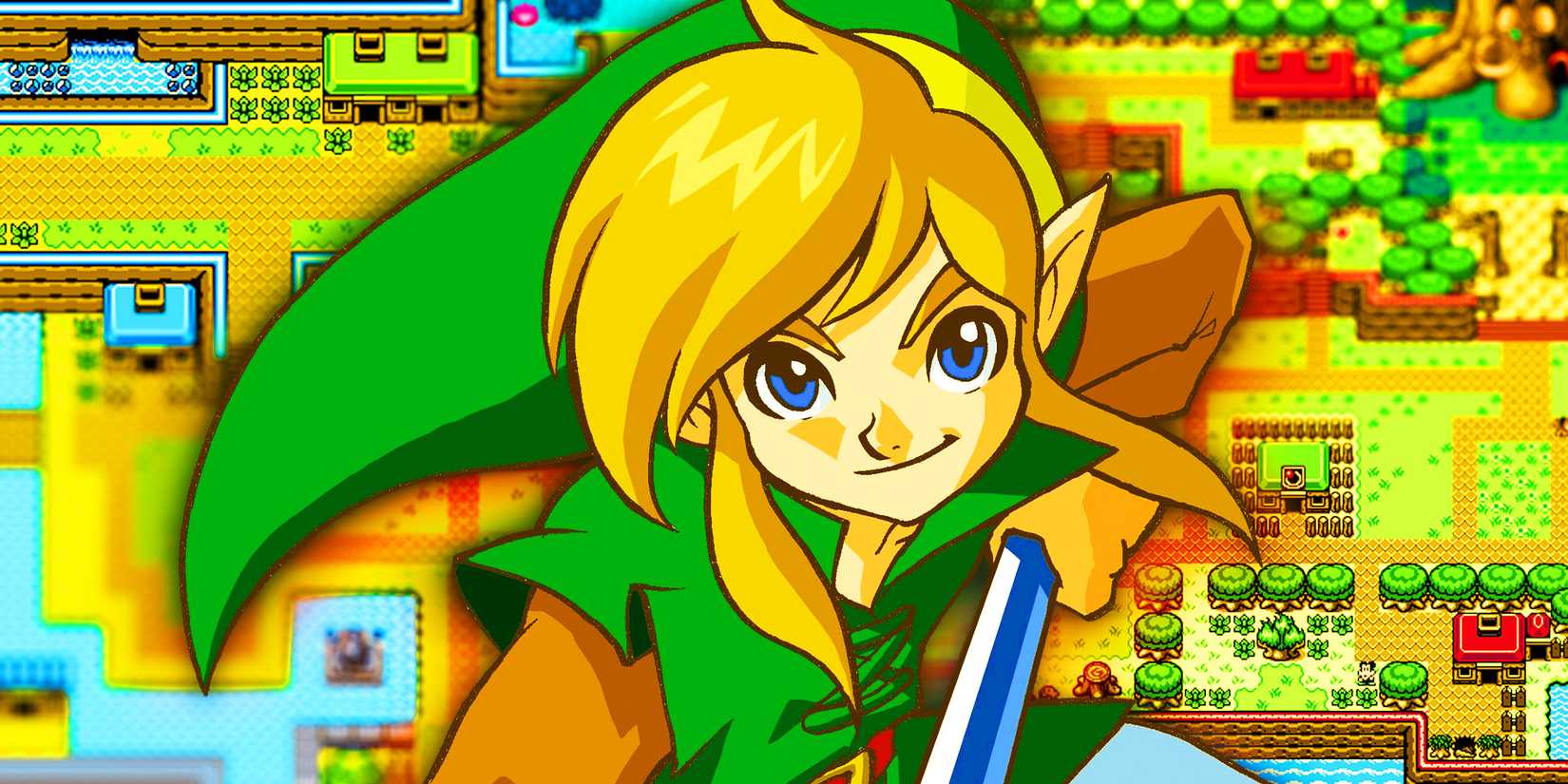 Art of Link in front of Lynna City and Horon Village from The Legend of Zelda: Oracle of Seasons and Oracle of Ages games.