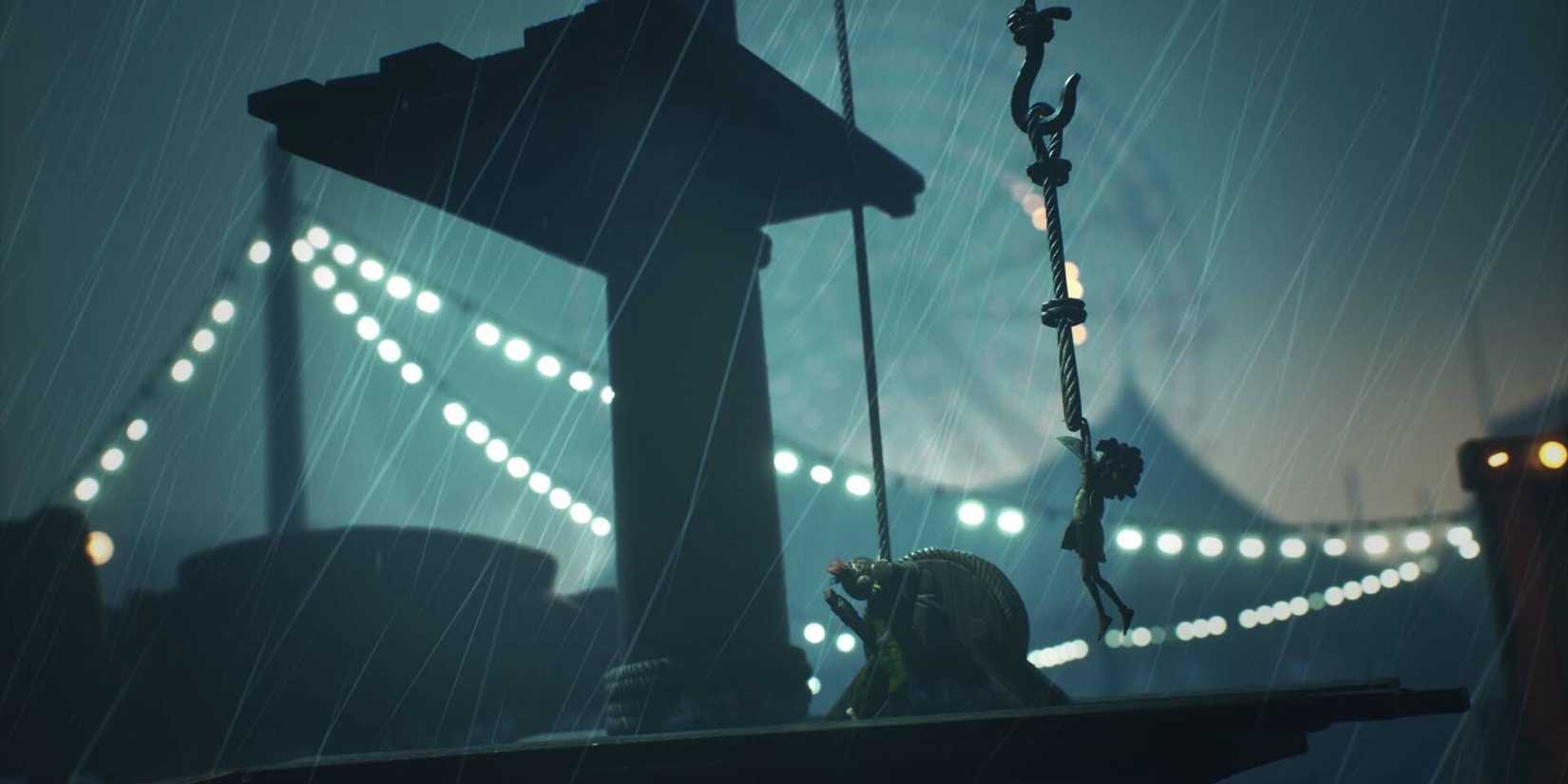 A player holding onto a rope in the rain in Little Nightmares 3.
