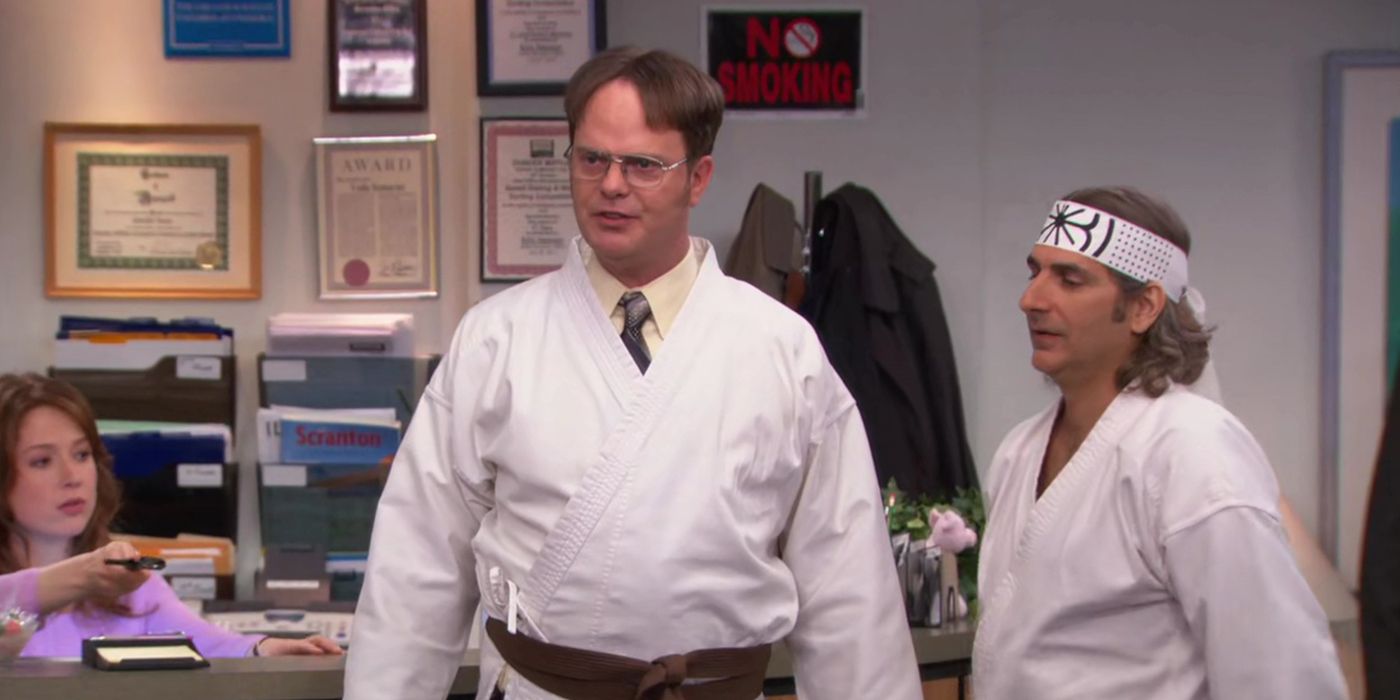 livin' the dream - dwight with karate clothes in the office