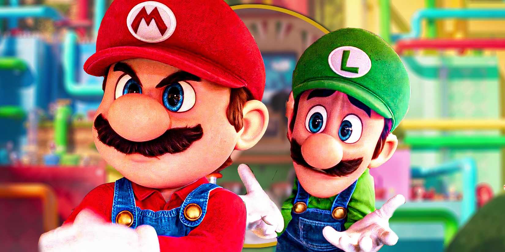 Luigi looking pleadingly and Mario looking determined against backdrop of pipe map in The Super Mario Bros. Movie