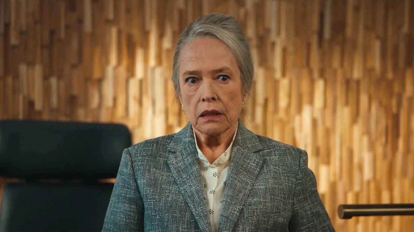 Madeline Matlock wears work attire and has a shocked look on her face in Matlock