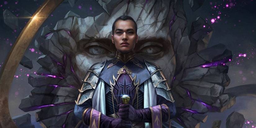 Kalak holds their sword in Stormlight Archive.