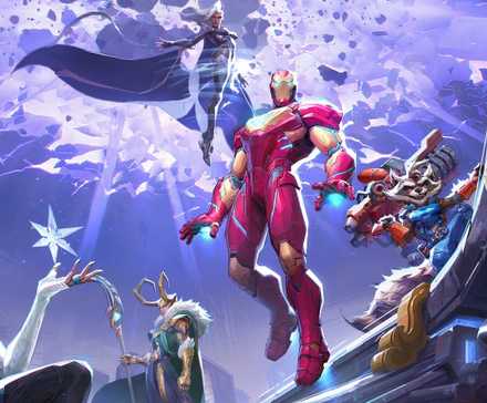 Скриншот из главного меню Marvel Rivals показывает Art с Локи, Человеком-пауком, Ракетом, Железным человеком и Луной Сноу с фиолетовым небом и порталом на заднем плане.