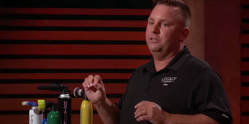 Mike Gatow standing in front of his Legacy Shave products on Shark Tank
