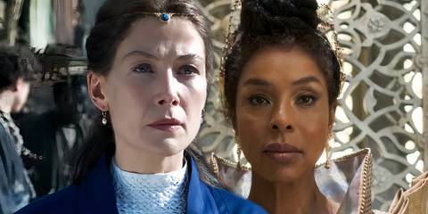 Moiraine looking serious next to Siuan looking stoic in The Wheel Of Time