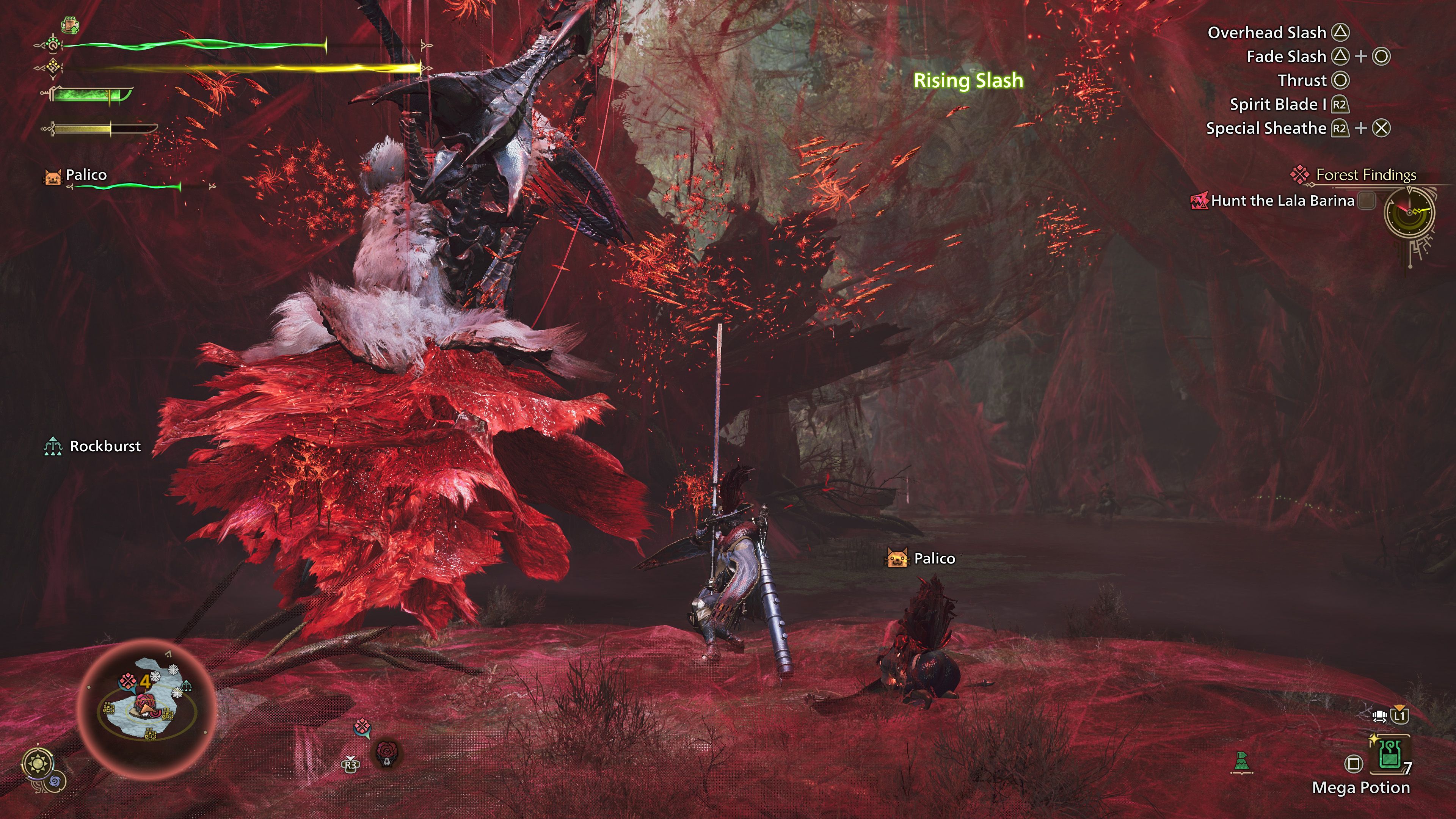 Monster Hunter Wilds Lala Barina fight, showing a furry red and white spider being attacked by the player.