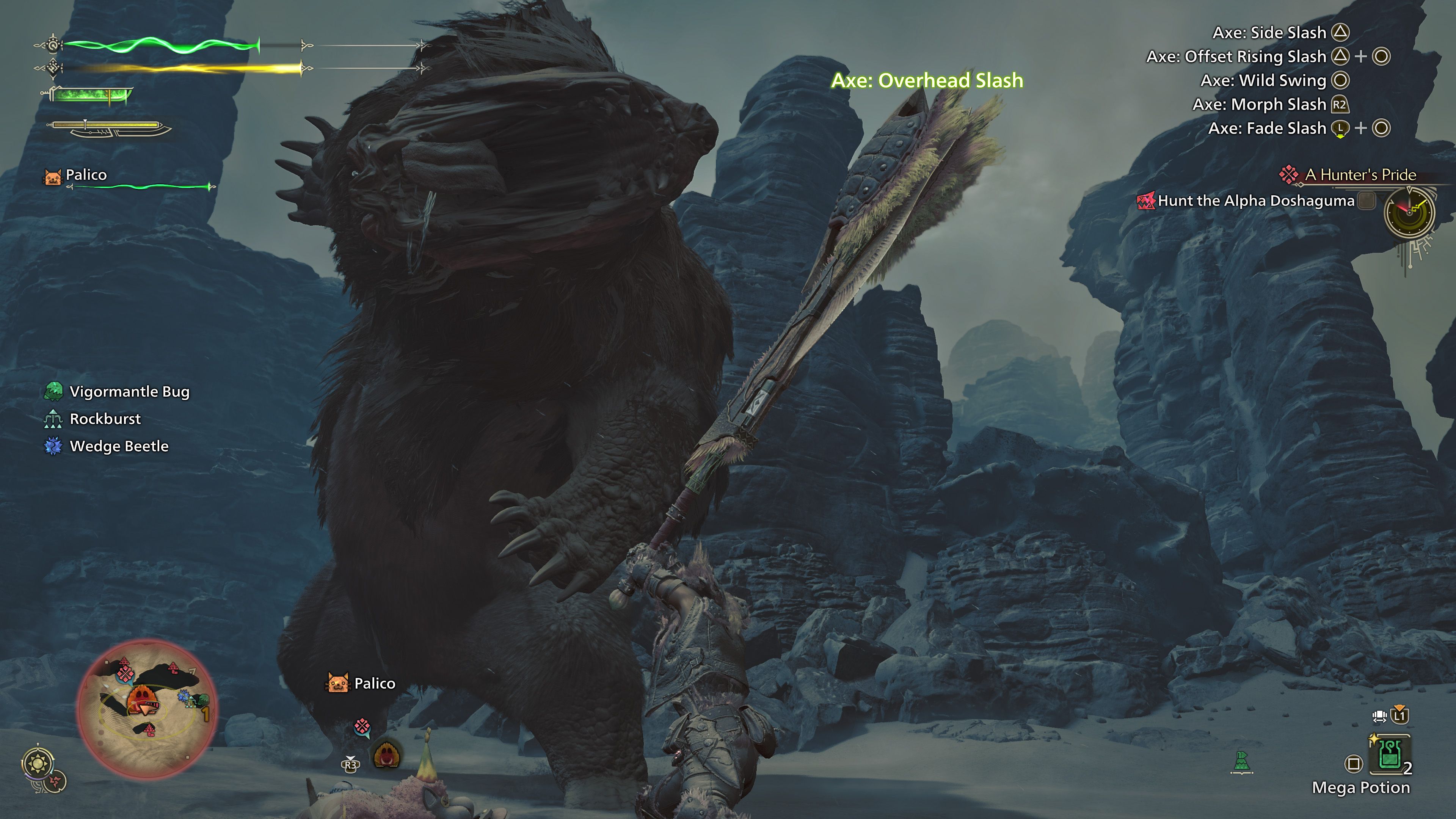 Monster Hunter Wilds Doshaguma fight showing the giant bear-like creature lunging and roaring at the player.