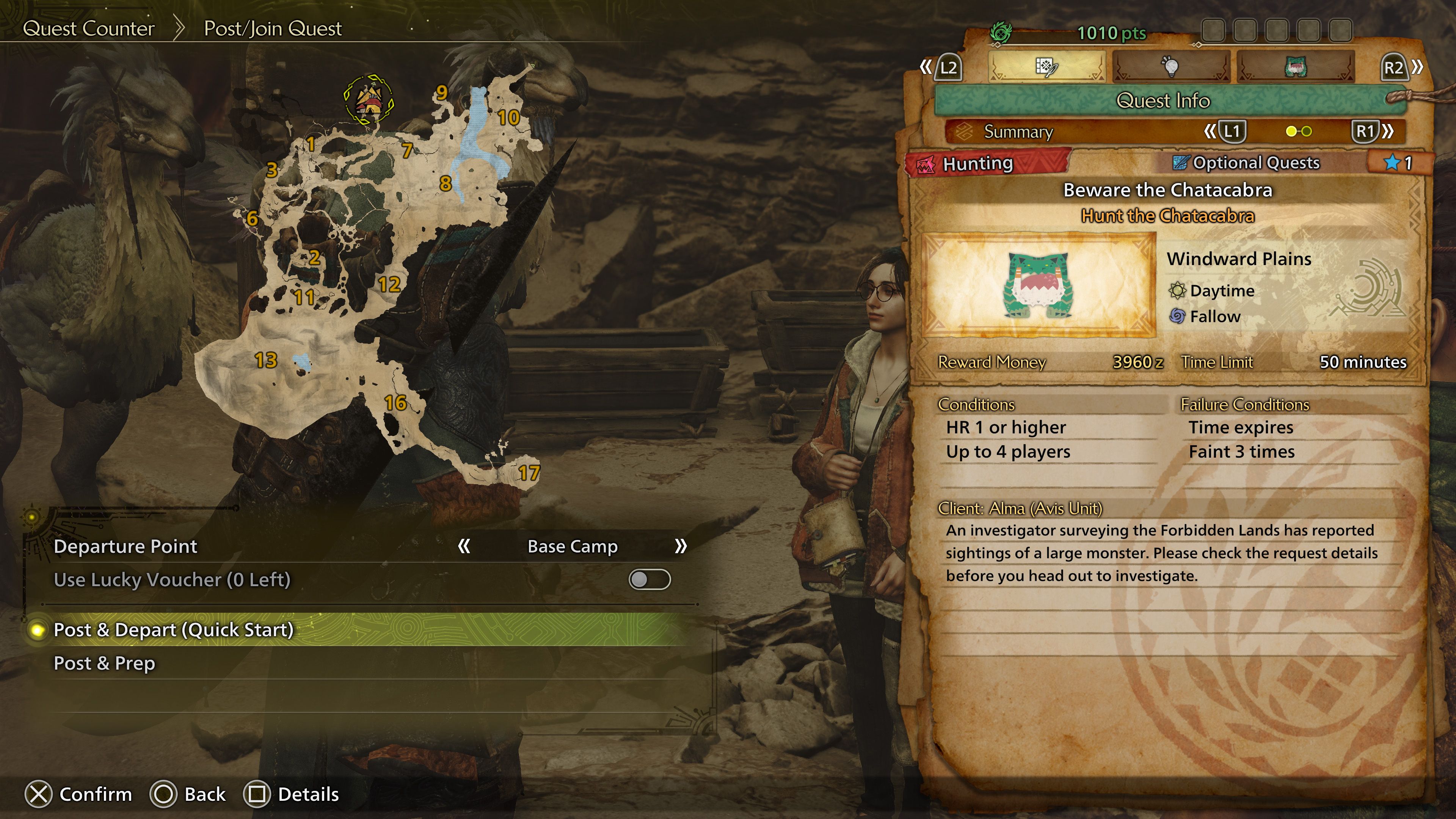 Monster Hunter Wilds Quest Counter showing the map and a quest called Beware the Catacabra.