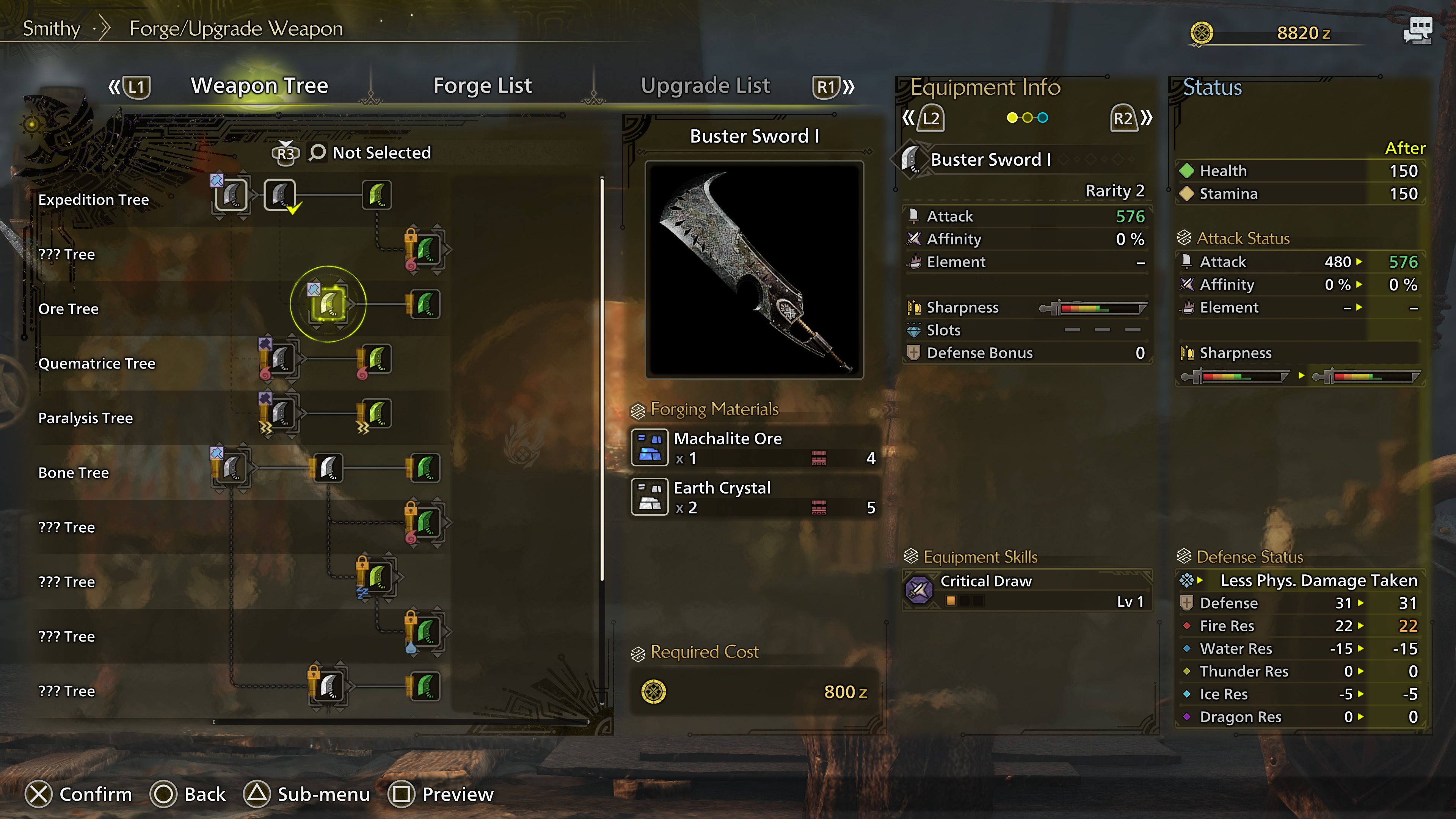 Monster Hunter Wilds Smithy screen showing upgrades on the Weapon Tree for the Buster Sword I.