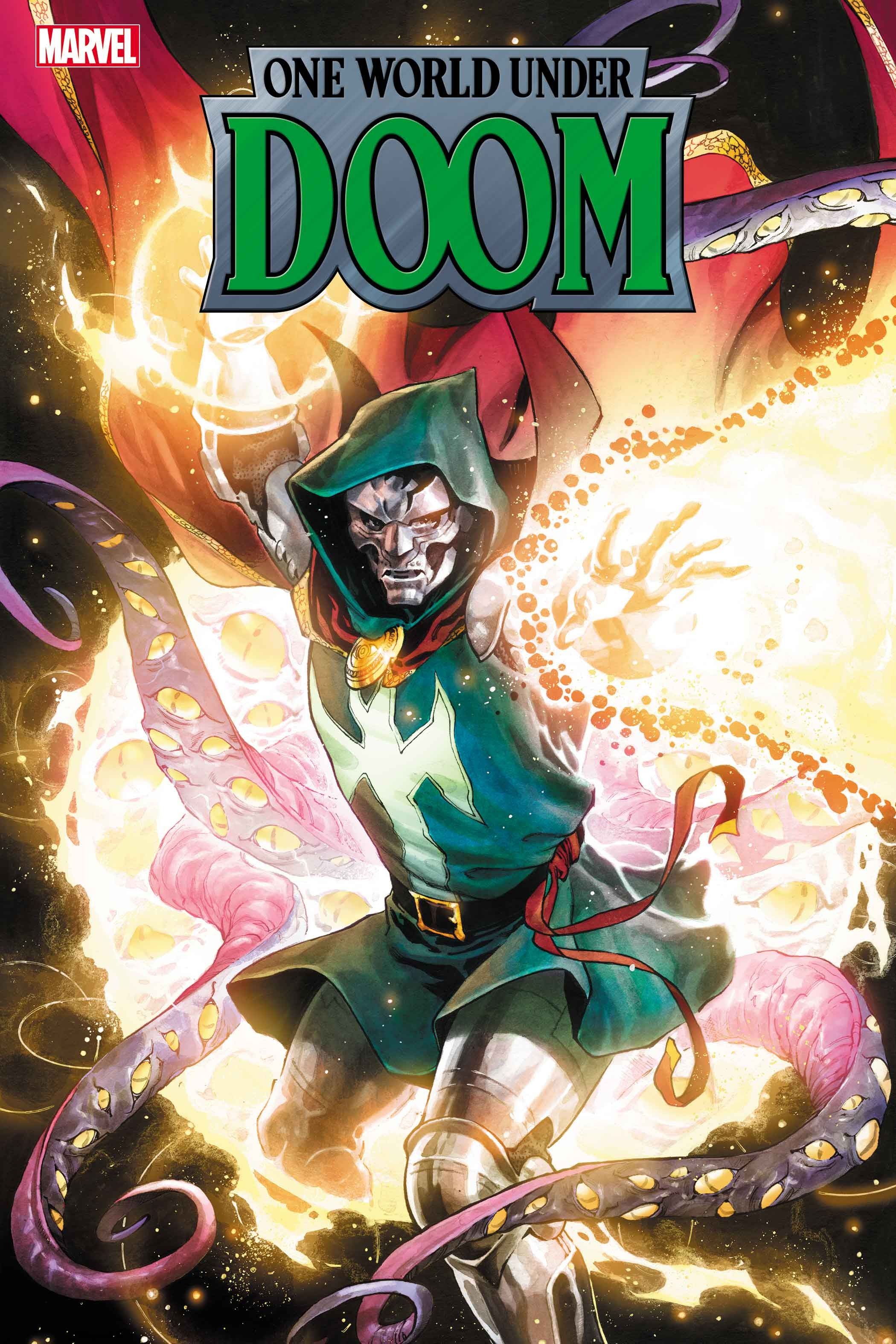 one world under doom abre uma capa variante, mostrando doom liberando magia