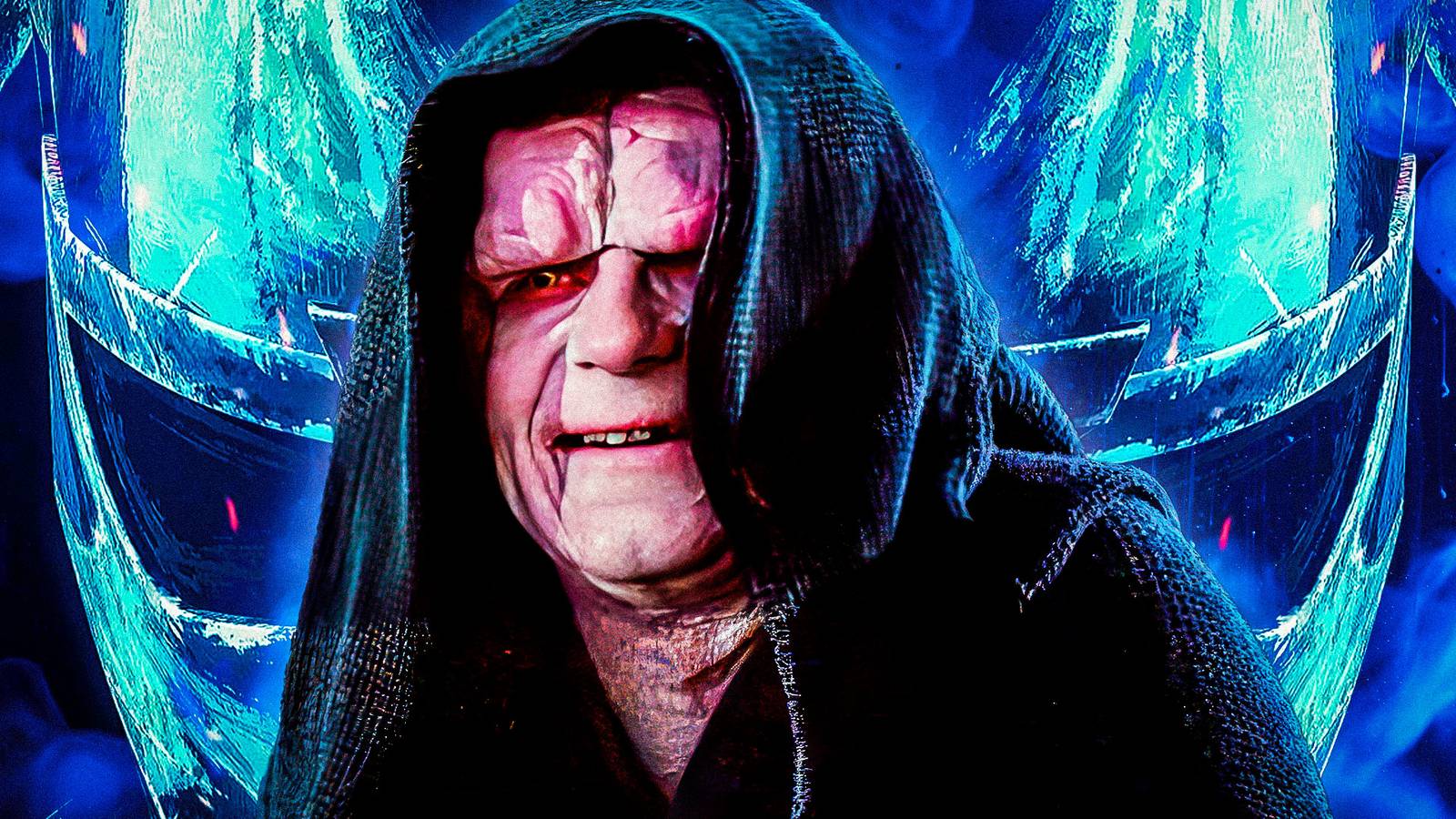 Palpatine in Return of the Jedi in front of a close up image of a clone helmet