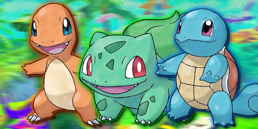Charmander, Bulbasaur und Squirtle des Pokémon lächeln nebeneinander.