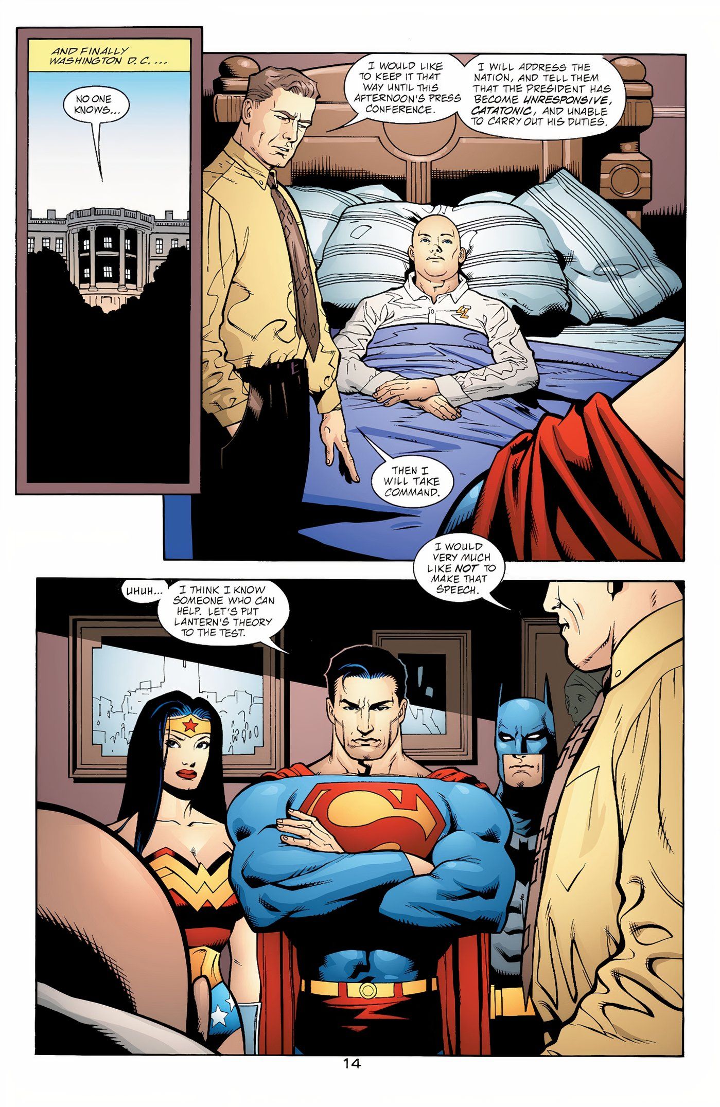 Superman and Wonder Woman stand in front of Lex Luthor's bed. 