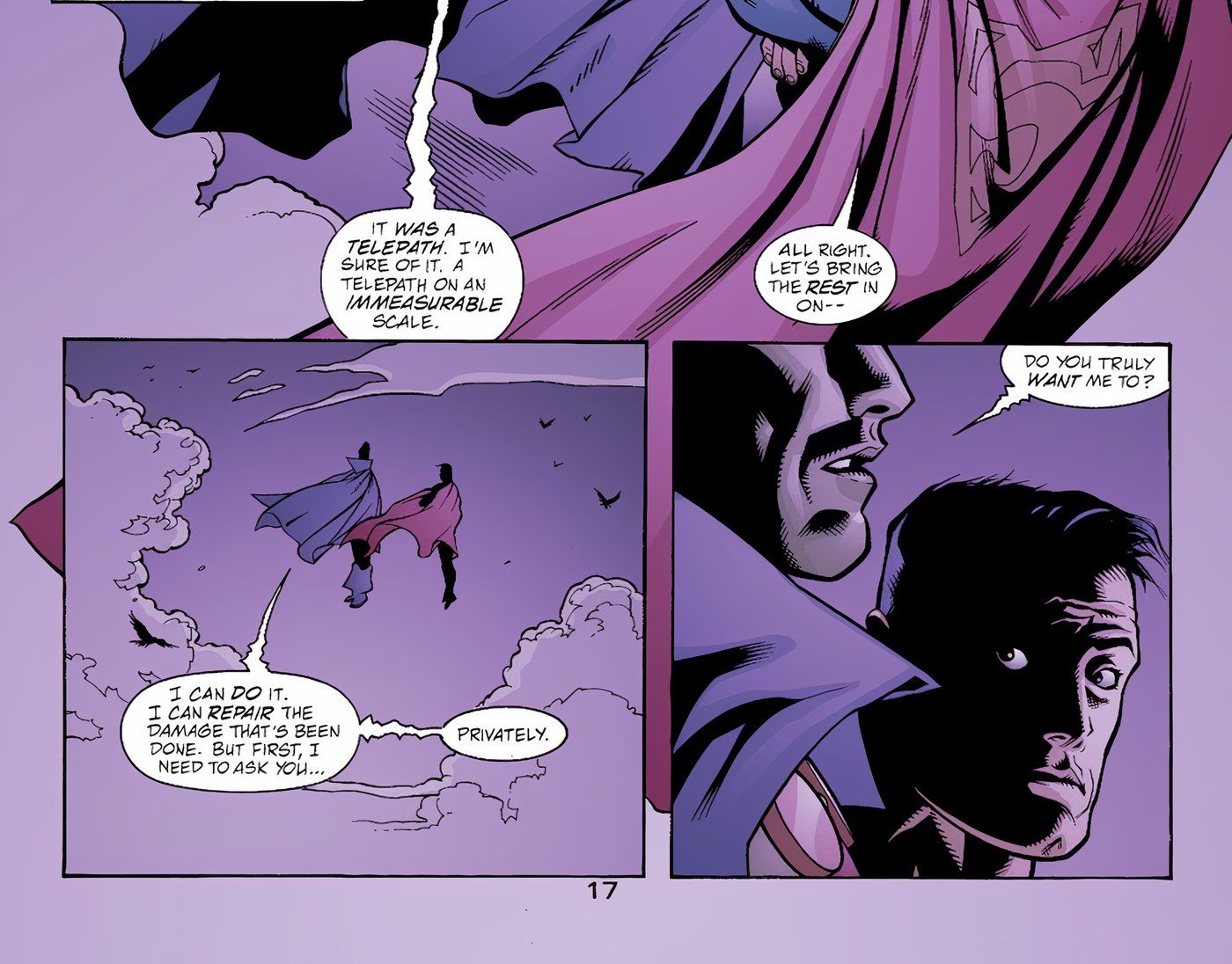  Superman and Martian Manhunter hover side by side against a purple sky. 