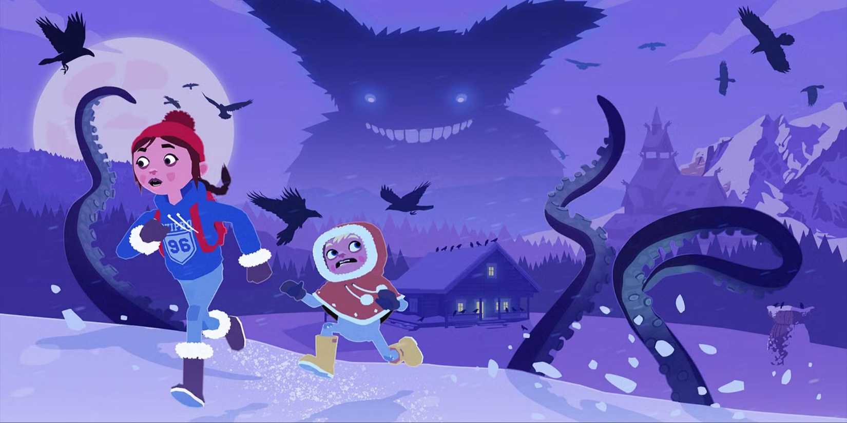 Roki game key artwork featuring two children running from a monster in the snow