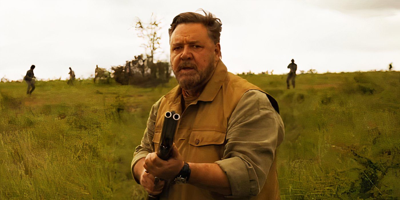 Russell Crowe with a gun in Kraven the Hunter