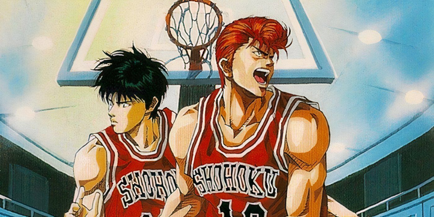 Rukawa e Sakuragi uniformizados durante um jogo do anime Slam Dunk.