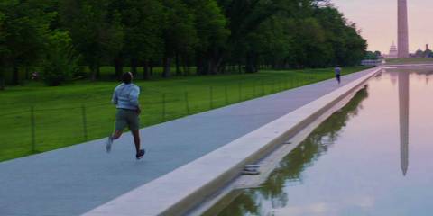 Sam Wilson trying to catch up to Steve Rogers in Captain America The Winter Soldier