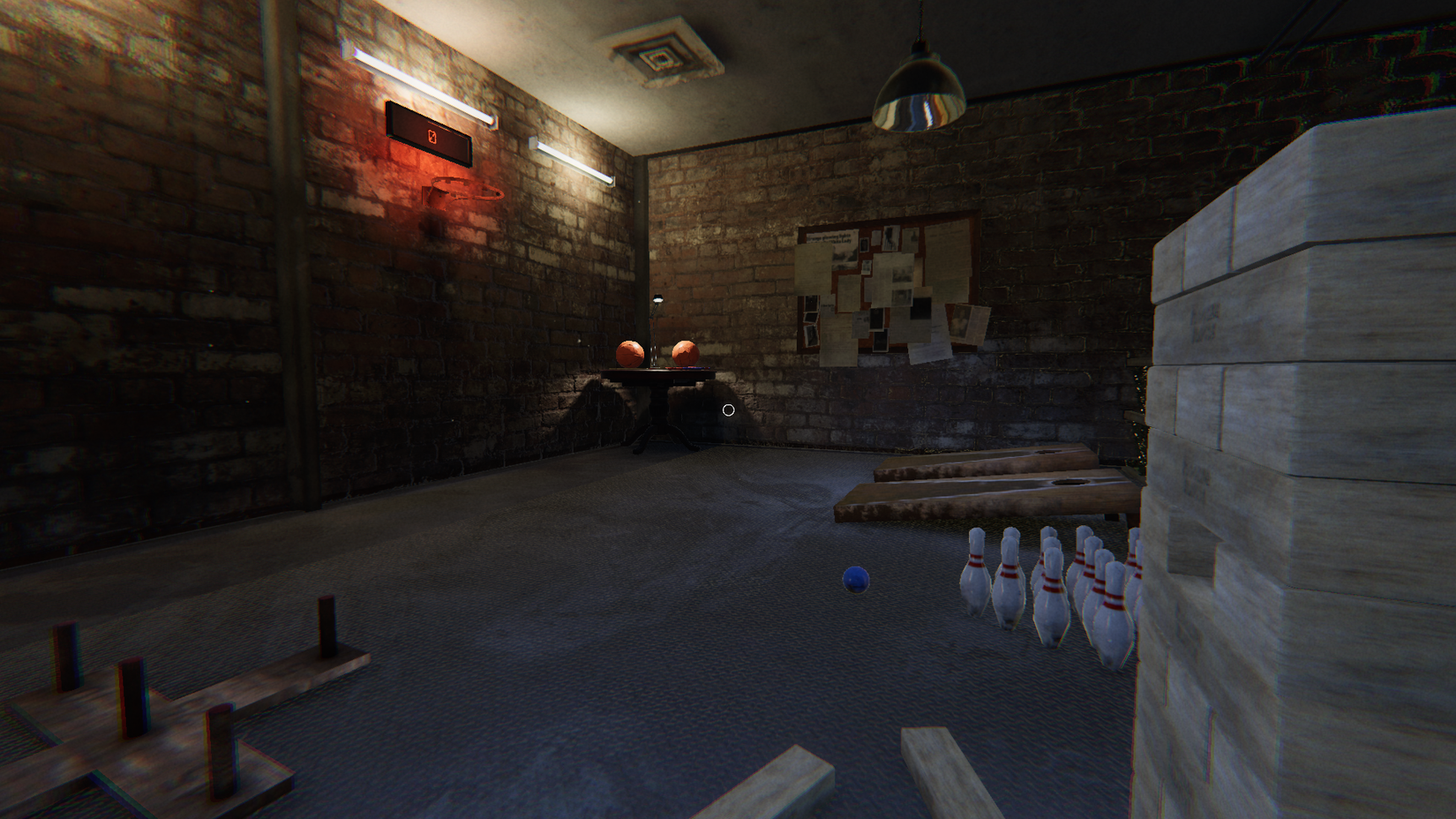 Phasmophobia player crouching next to jenga tower in lobby