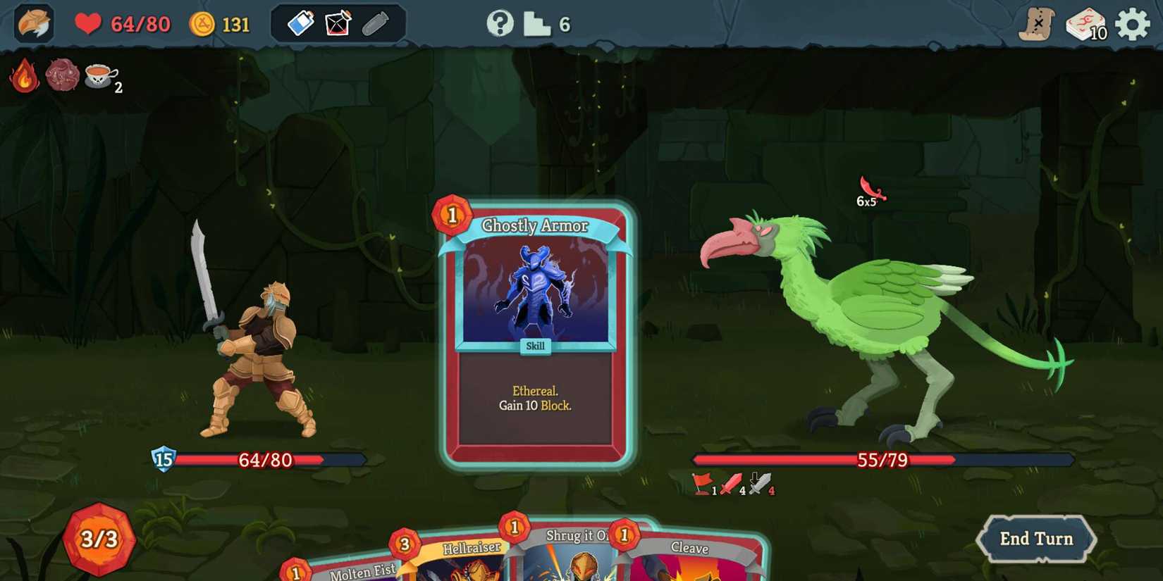 A warrior fighting a green bird in Slay the Spire 2.