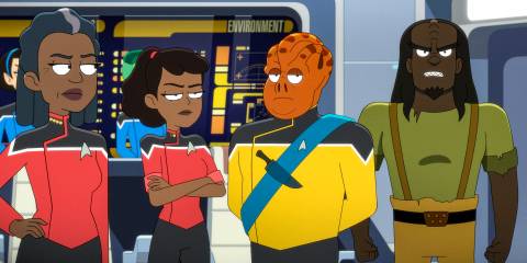 Captain Freeman, Mariner, Kayshon and Malor look at each other suspiciously in Star Trek: Lower Decks Season 5 Ep 10