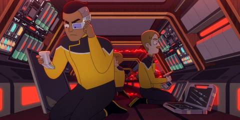 Rutherford works with engineers from other ships to repair the damages to the Cerritos in Star Trek: Lower Decks Season 5 Ep 10