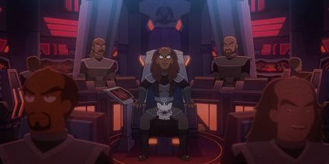 Relga and her crew of Klingon warriors in Star Trek: Lower Decks Season 5 Ep 10