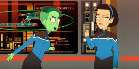 Tendi and T'Lyn having and argument in Star Trek: Lower Decks Season 5 Ep 10 