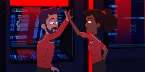 Boimler and Mariner giving a high five in Star Trek: Lower Decks Season 5 Ep 10