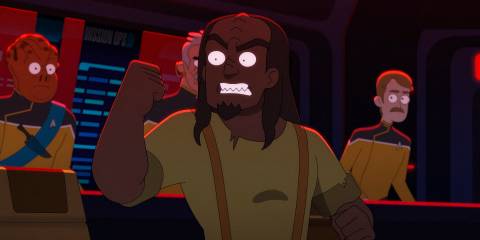 Ma'ah, a Klingon warrior looking furious in Star Trek: Lower Decks Season 5 Ep 10