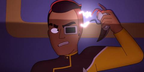 Rutherford tears off his cybernetic implant in Star Trek: Lower Decks Season 5 Ep 10