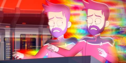 Boimler bifurcating into two quantum possibilities in Star Trek: Lower Decks Season 5 Ep 10