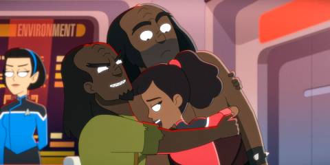 The Klingons and Mariner share a hug in Star Trek: Lower Decks Season 5 Ep 10