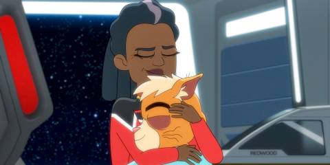 Captain Freeman and T'Ana merge into a hug in Star Trek: Lower Decks Season 5 Ep 10