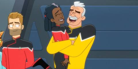 Shaxs hugging Captain Freeman with enthusiasm in Star Trek: Lower Decks Season 5 Ep 10