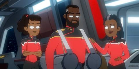 Mariner saying goodbye to her parents, Zo and Captain Freeman, who are moving to Starbase 80 in Star Trek: Lower Decks Season 5 Ep 10