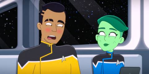 Rutherford and Tendi blushing and exchanging glances in Star Trek: Lower Decks Season 5 Ep 10