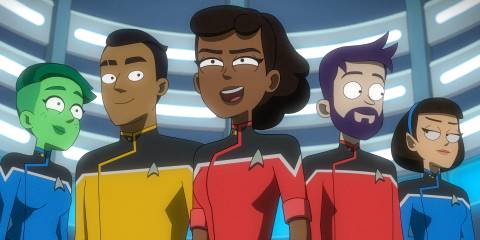 Tendi, Rutherford, Mariner, Boimler and T'Lyn, Cerritos' crew in Star Trek: Lower Decks Season 5 Ep 10