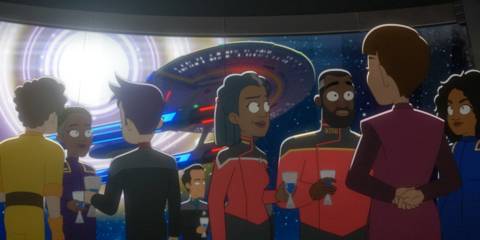 Captain Freeman at Starbase 80, with the USS Cerritos visible in the background in Star Trek: Lower Decks Season 5 Ep 10