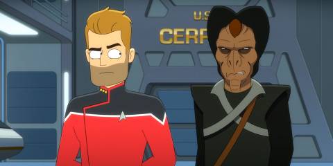 Ransom looking suspiciously at a space creature visiting the USS Cerritos in Star Trek: Lower Decks Season 5 Ep 8