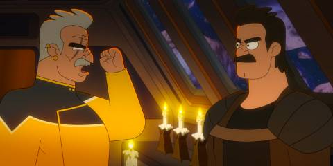 Shaxs facing a young Shaxs in Star Trek: Lower Decks Season 5 Ep 8