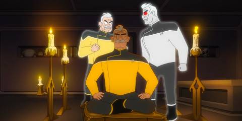 Shaxs meditating while traumas from his past confront each other in Star Trek: Lower Decks Season 5 Ep 8