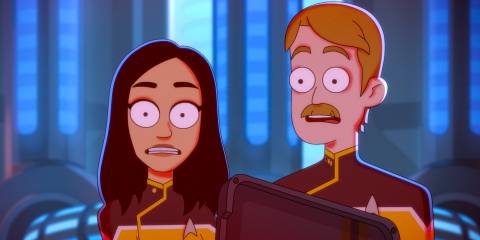 Meredith and Billups looking shocked in Star Trek: Lower Decks Season 5 Ep 8