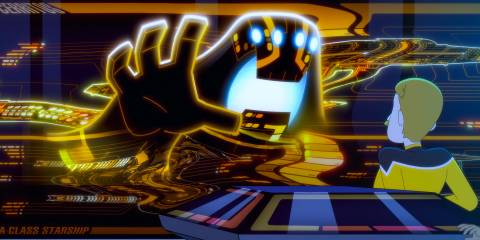 An AI defense golem attacking Billups in Star Trek: Lower Decks Season 5 Ep 8