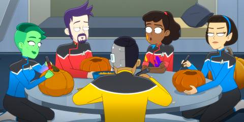 The Cerritos crew carving pumpkins for Halloween in Star Trek: Lower Decks Season 5 Ep 8