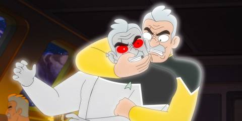 Two versions of Shaxs fighting in Star Trek: Lower Decks Season 5 Ep 8